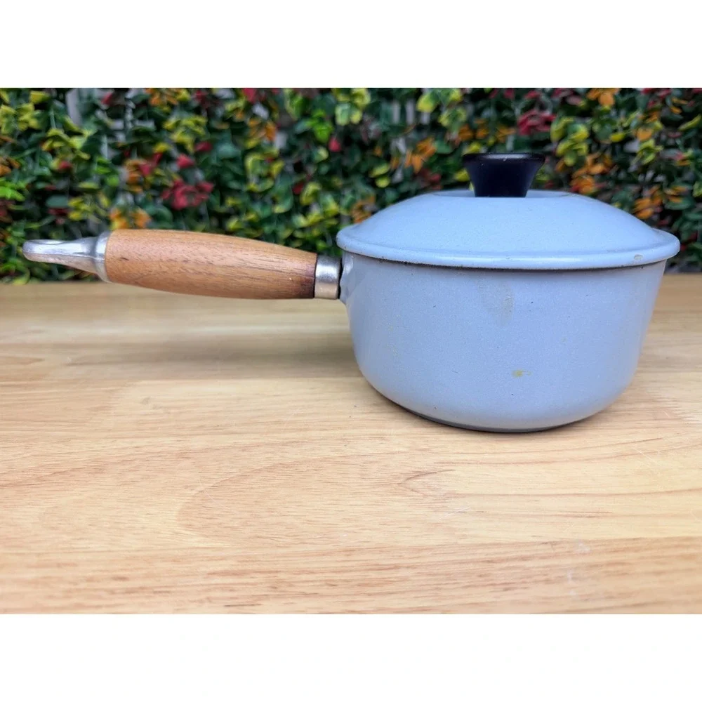 Le Creuset Vintage Blue Enamel Cast Iron Saucepan Teak Wood Handle 14 France